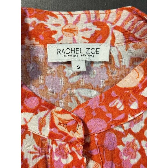 Rachel Zoe Pink Orange Floral Button Up Waist Crop Top Flounce Sleeve Blouse - Picture 7 of 10